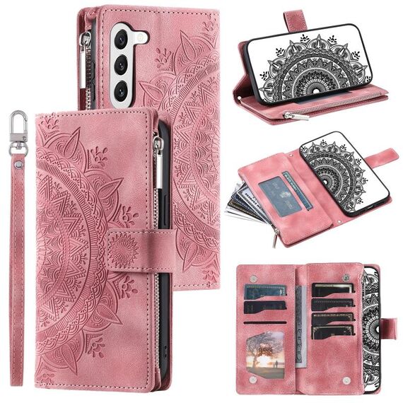 Custodia per telefono in pelle con cerniera totem multischeda per Samsung Galaxy S23+ 5G (rosa)