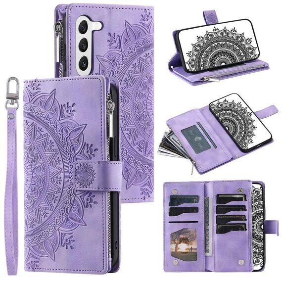 Custodia per telefono in pelle con cerniera totem multischeda per Samsung Galaxy S23 5G (viola)