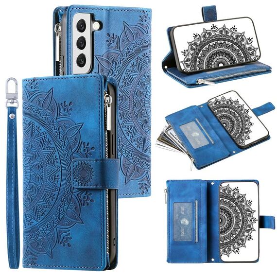 Custodia per telefono in pelle con cerniera totem multischeda per Samsung Galaxy S22+ 5G (blu)