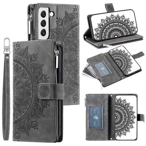 Custodia per telefono in pelle con cerniera totem multischeda per Samsung Galaxy S22+ 5G (grigio)