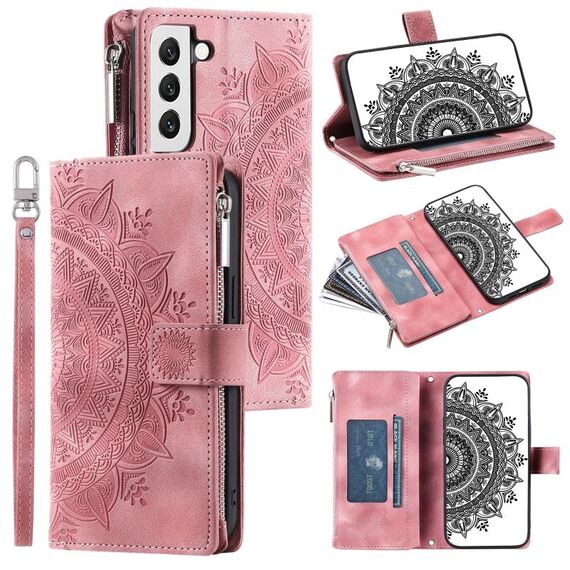 Custodia per telefono in pelle con cerniera totem multischeda per Samsung Galaxy S22+ 5G (rosa)
