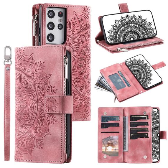 Custodia per telefono in pelle con cerniera totem multischeda per Samsung Galaxy S21 Ultra 5G (rosa)