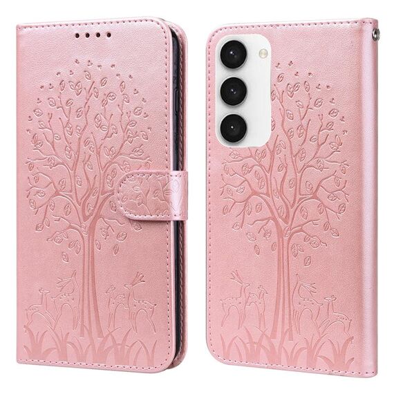 Per Samsung Galaxy S23 5G Tree & Deer Pattern Custodia per cellulare in pelle a conchiglia orizzontale con stampa pressata (rosa)