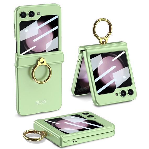 Custodia per telefono con cerniera magnetica integrata GKK per Samsung Galaxy Z Flip5 con supporto ad anello (verde Matcha)