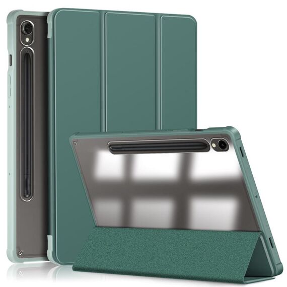 Per Samsung Galaxy Tab S9 Custodia per tablet in pelle intelligente 3 pieghevoli in acrilico (verde scuro)