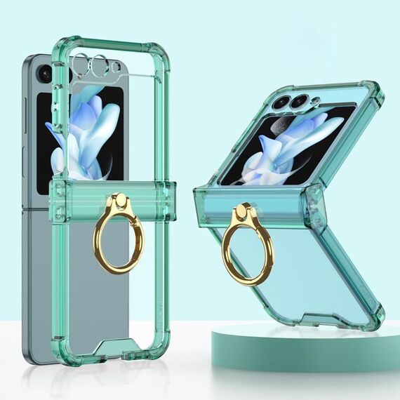 Custodia per telefono in silicone con cerniera Gkk Airbag per Samsung Galaxy Z Flip5 con supporto ad anello (verde trasparente)