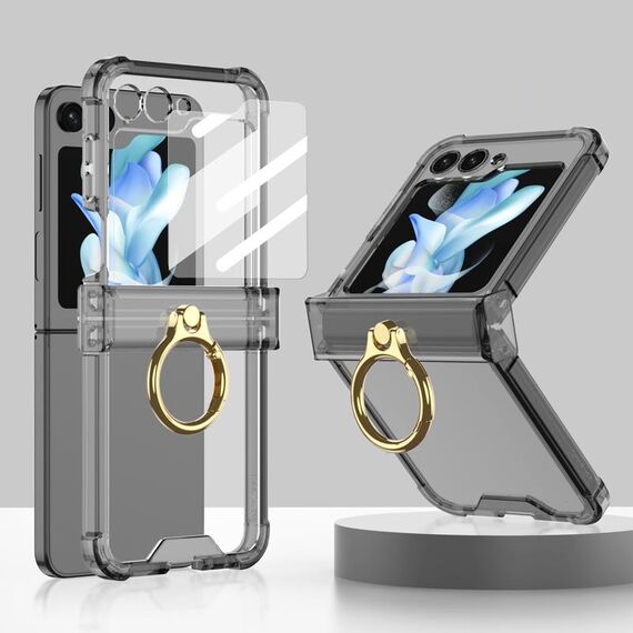 Custodia per telefono in silicone con cerniera Gkk Airbag per Samsung Galaxy Z Flip5 con supporto ad anello e pellicola temperata (nero trasparente)