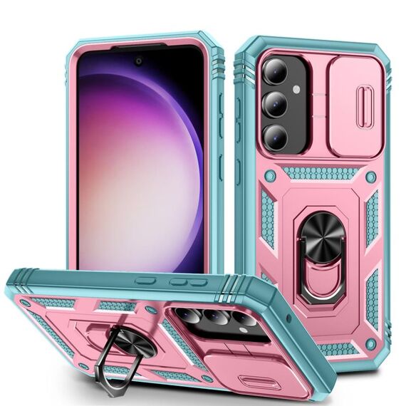 Per Samsung Galaxy S23 FE 5G Custodia scorrevole Camshield TPU + PC con supporto (rosa+verde)