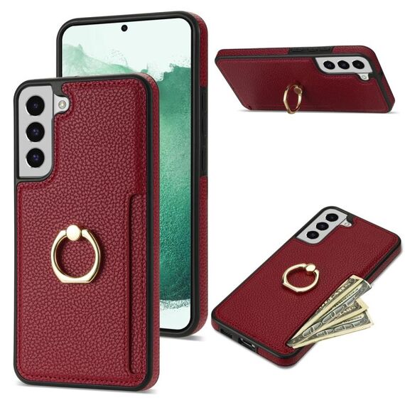 Per Samsung Galaxy S22 5G Ring Card Litchi Custodia posteriore in pelle per telefono (rossa)