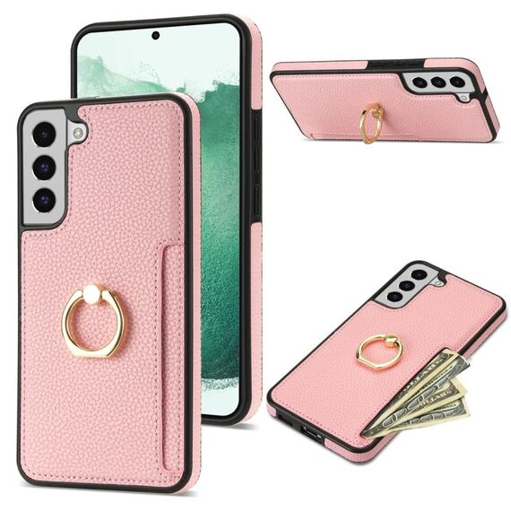 Per Samsung Galaxy S22 5G Custodia per telefono con retro in pelle con carta ad anello Litchi (rosa)