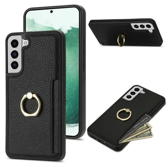 Custodia posteriore in pelle per Samsung Galaxy S22+ 5G Ring Card Litchi (nera)