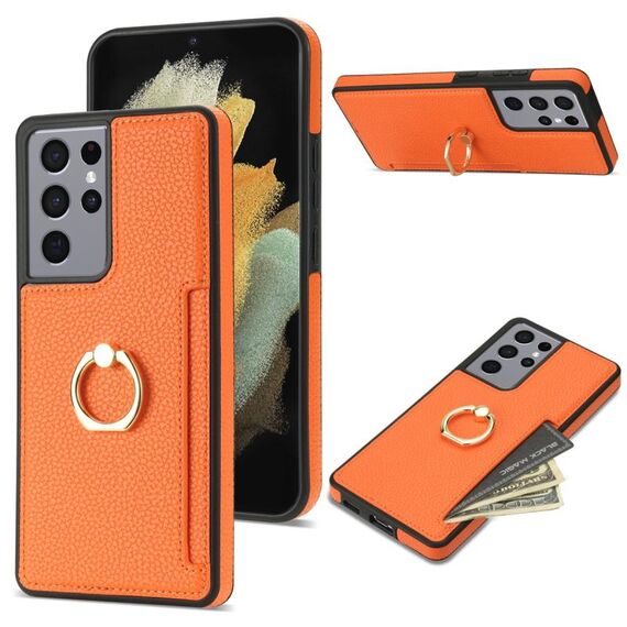 Per Samsung Galaxy S21 Ultra 5G Custodia per telefono con retro in pelle con carta ad anello Litchi (arancione)