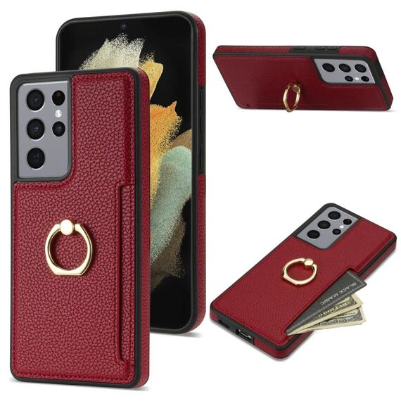 Per Samsung Galaxy S21 Ultra 5G Custodia per telefono con retro in pelle con carta ad anello Litchi (rossa)