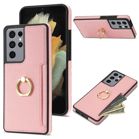 Per Samsung Galaxy S21 Ultra 5G Custodia per telefono con retro in pelle con carta ad anello Litchi (rosa)