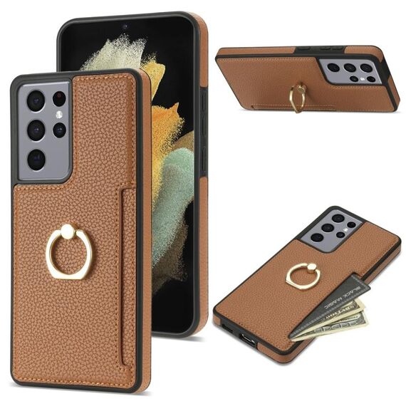 Per Samsung Galaxy S21 Ultra 5G Custodia per telefono con retro in pelle con carta ad anello Litchi (marrone)