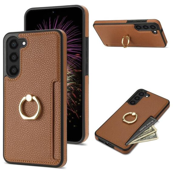 Custodia posteriore in pelle per Samsung Galaxy S23 FE 5G Ring Card Litchi (marrone)