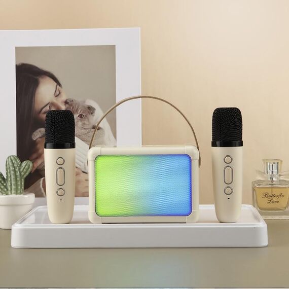 Altoparlante Bluetooth portatile con effetto di illuminazione RGB Mini audio karaoke per la casa, Stile: doppio microfono + altoparlante (Beige)