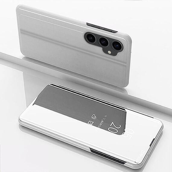 Per Samsung Galaxy M34 5G Custodia per telefono in pelle con vibrazione orizzontale a specchio placcato con supporto (Argento)
