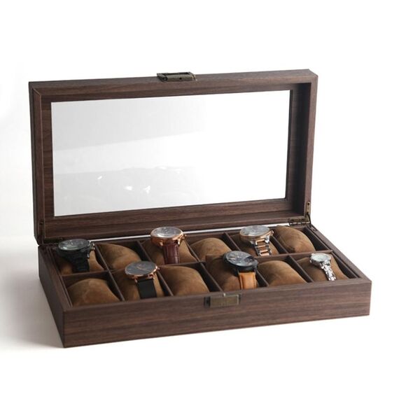 Scatola per esposizione di orologi in pelle con venature del legno, custodia per orologi, stile: lunghezza 12 cifre