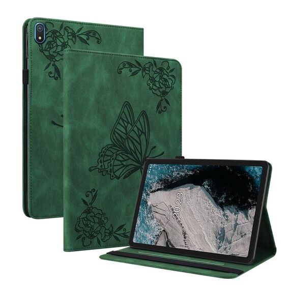 Custodia per tablet in pelle goffrata con fiori di farfalla per Nokia T20 (verde)