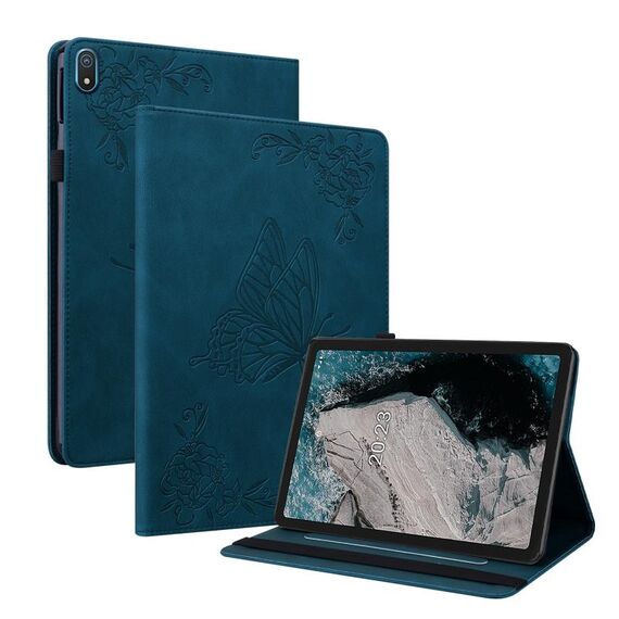 Custodia per tablet in pelle goffrata con fiori di farfalla per Nokia T20 (blu)