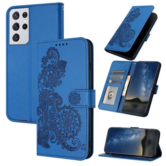 Per Samsung Galaxy S21 Ultra Datura Custodia in pelle con motivo floreale in rilievo (blu)