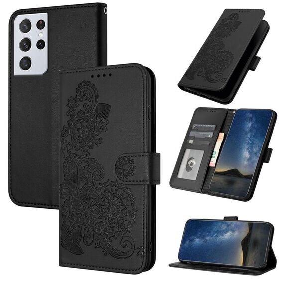 Per Samsung Galaxy S21 Custodia per telefono in pelle Flip in rilievo con fiori Ultra Datura (nera)