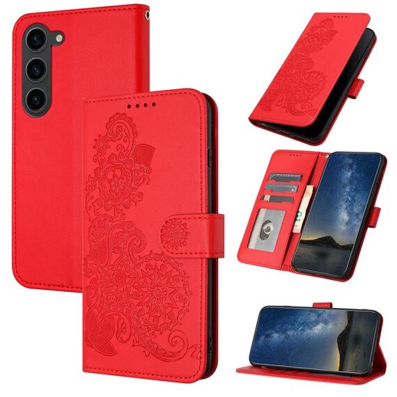 Custodia per telefono in pelle Flip in rilievo con fiori Datura per Samsung Galaxy S23 FE (rossa)