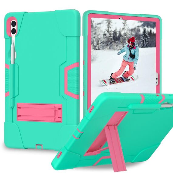 Per Samsung Galaxy Tab S9+ Custodia per tablet in silicone a colori a contrasto con supporto (verde menta + rosa rossa)