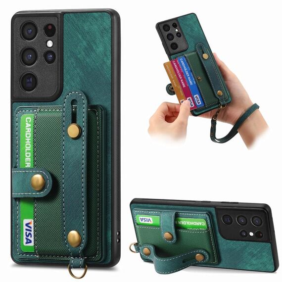 Per Samsung Galaxy S21 Ultra 5G Custodia per telefono con retro in pelle con cinturino incrociato retrò (verde)