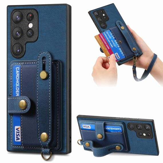 Per Samsung Galaxy S22 Ultra 5G Custodia per telefono con retro in pelle con cinturino incrociato retrò (blu)