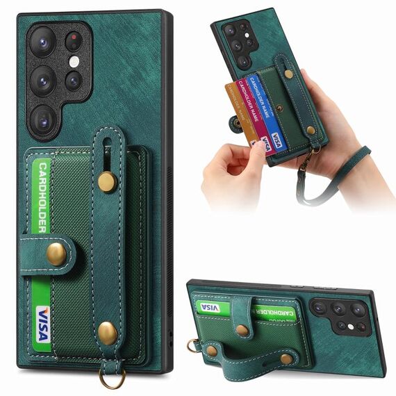Custodia per telefono posteriore in pelle con cinturino incrociato retrò per Samsung Galaxy S22 Ultra 5G (verde)