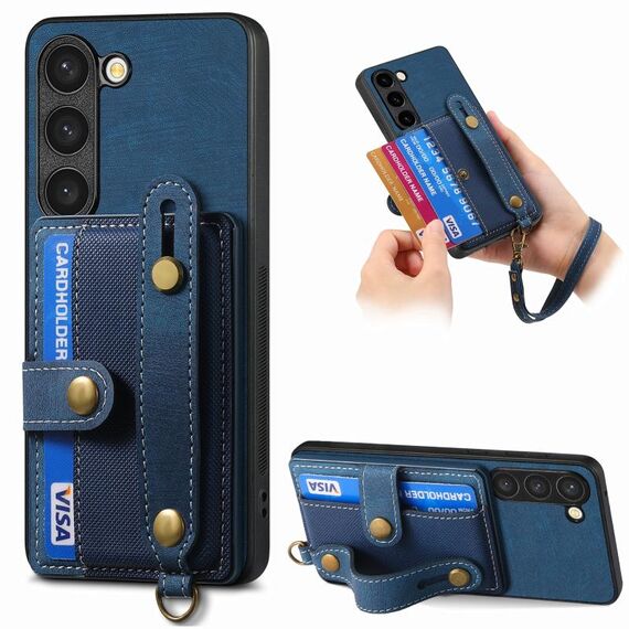 Per Samsung Galaxy S23 5G Custodia per telefono con retro in pelle con cinturino a croce retrò (blu)