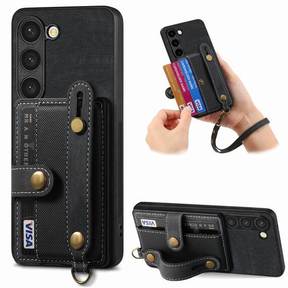 Per Samsung Galaxy S23 5G Custodia per telefono con retro in pelle a portafoglio con cinturino incrociato retrò (nero)