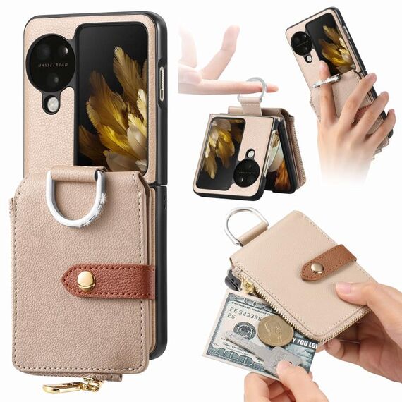 Custodia per telefono in pelle con anello a portafoglio con cerniera verticale per OPPO Find N3 (cachi)