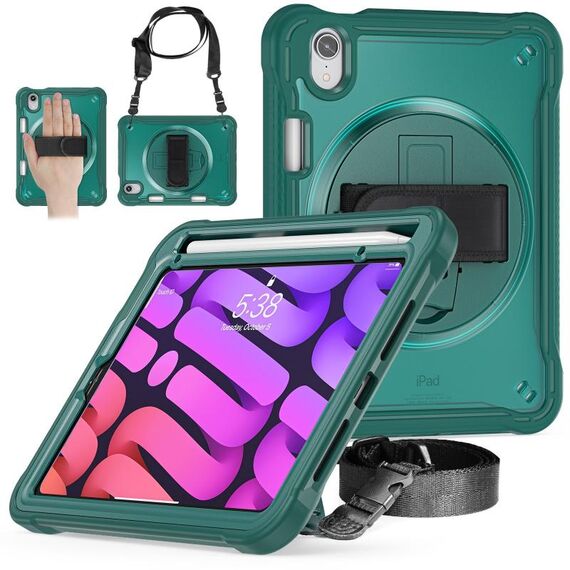 Custodia per tablet ibrida resistente per iPad mini 6 con maniglia e cinturino (verde scuro)