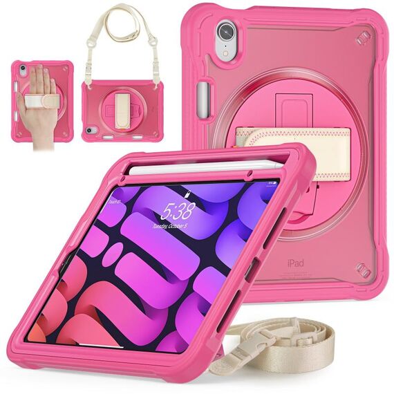 Custodia per tablet ibrida resistente per iPad mini 6 con maniglia e cinturino (rosa rossa)