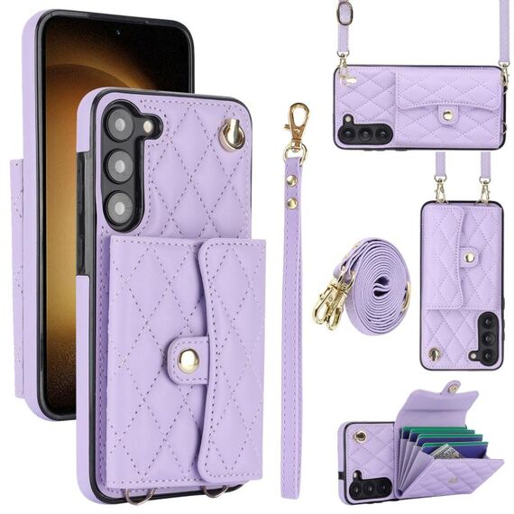 Custodia per telefono in pelle a portafoglio orizzontale rombica a tracolla per Samsung Galaxy S23 5G (viola)