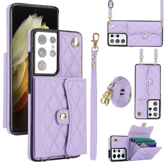Custodia per telefono in pelle a portafoglio orizzontale rombica a tracolla per Samsung Galaxy S21 Ultra 5G (viola)