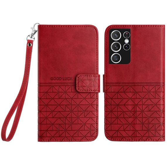 Custodia per telefono in pelle con trama rombica per Samsung Galaxy S21 Ultra 5G con cordino (rosso)