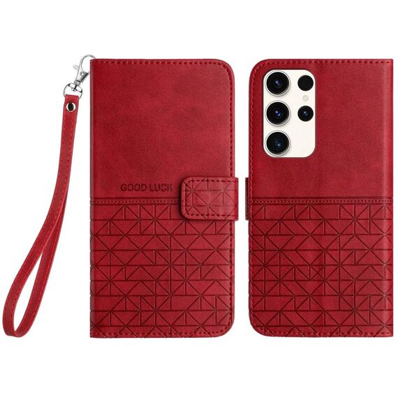 Custodia per telefono in pelle con trama rombica per Samsung Galaxy S22 Ultra 5G con cordino (rosso)