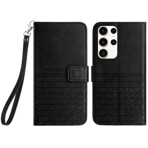 Custodia per telefono in pelle con trama rombica per Samsung Galaxy S22 Ultra 5G con cordino (nero)