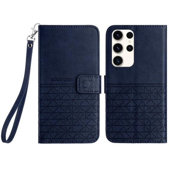 Custodia per telefono in pelle con texture rombica per Samsung Galaxy S22 Ultra 5G con cordino (blu)