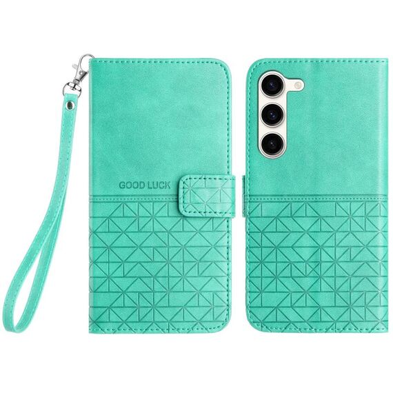 Custodia per telefono in pelle con trama rombica per Samsung Galaxy S23 5G con cordino (verde)