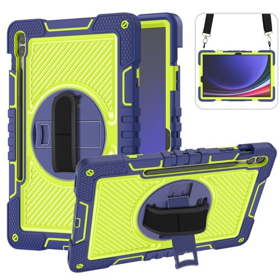 Custodia per tablet in silicone a contrasto per PC con rotazione a 360 gradi per Samsung Galaxy Tab S9+ (blu navy + giallo verde)