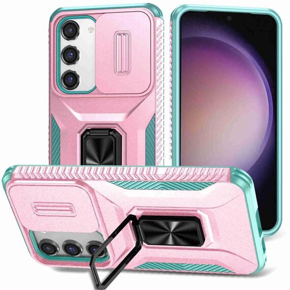 Per Samsung Galaxy S23 5G Custodia per telefono con supporto scorrevole Camshield (rosa + grigio verde)