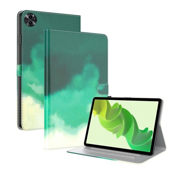Custodia per tablet in pelle flip con motivo acquerello per Realme Pad 2 (verde ciano)