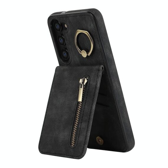 Per Samsung Galaxy S23 5G Custodia per cellulare con anello retrò e cerniera RFID (nero)