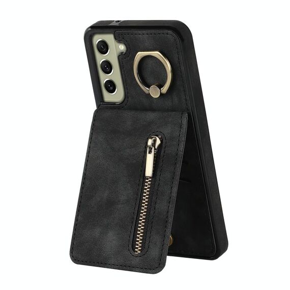 Per Samsung Galaxy S22 5G Custodia per cellulare con anello retrò e cerniera RFID (nero)