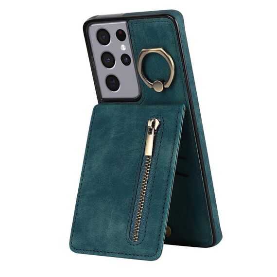 Per Samsung Galaxy S21 Ultra 5G Custodia per cellulare con anello retrò e cerniera RFID (blu)